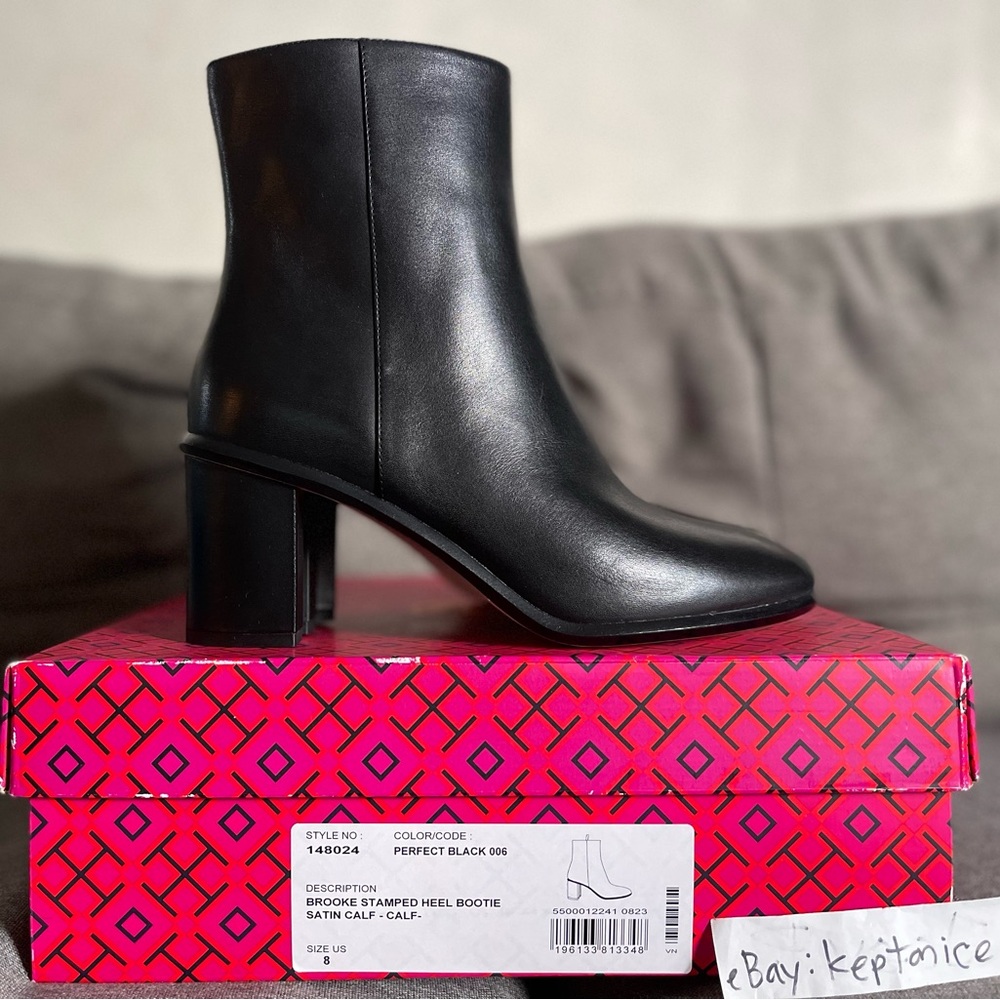 Tory Burch Brooke Bootie Stamped Heel Calf Boots Womens Sz 8 Perfect Black $458